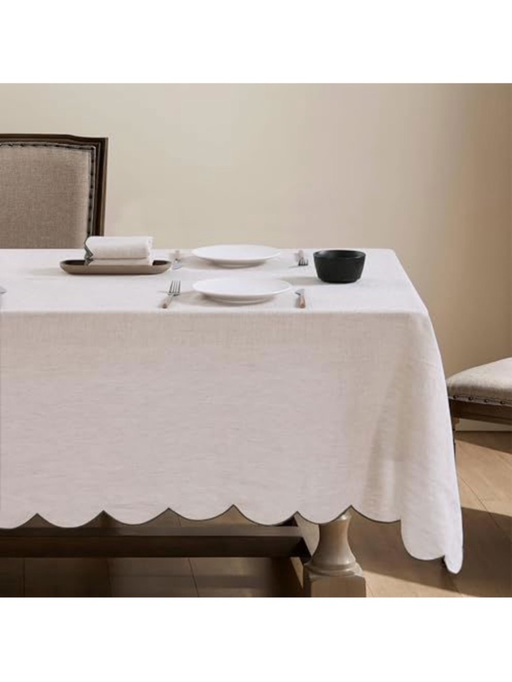 NEW 100% French Flax Linen Tablecloth Scalloped w/Green Embroidery144”x60”